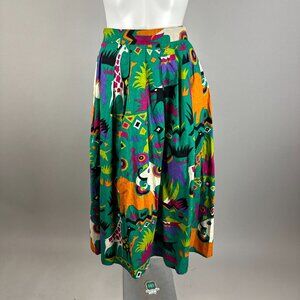 Vtg 80s Batya Bright Green African Safari Cotton Skirt Pleated Womens Size 10